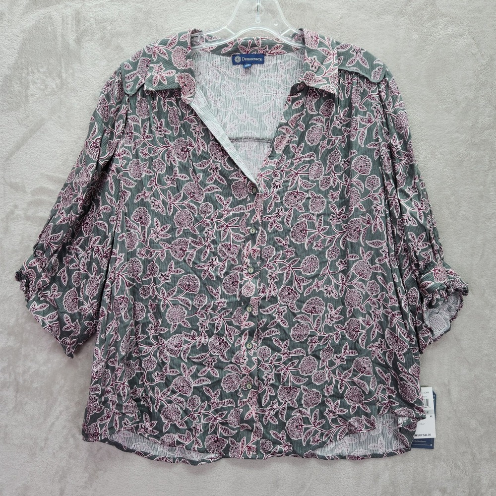 Democracy Tunic Womens Plus 1X Gray Floral Button Down Blouse Career Office Work